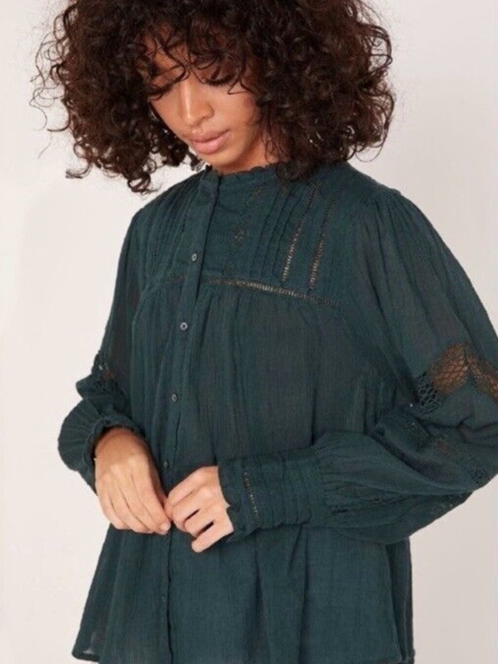 Free People Emma Eyelet Lace Long Sleeve Button Down Shirt Green Cotton Boho